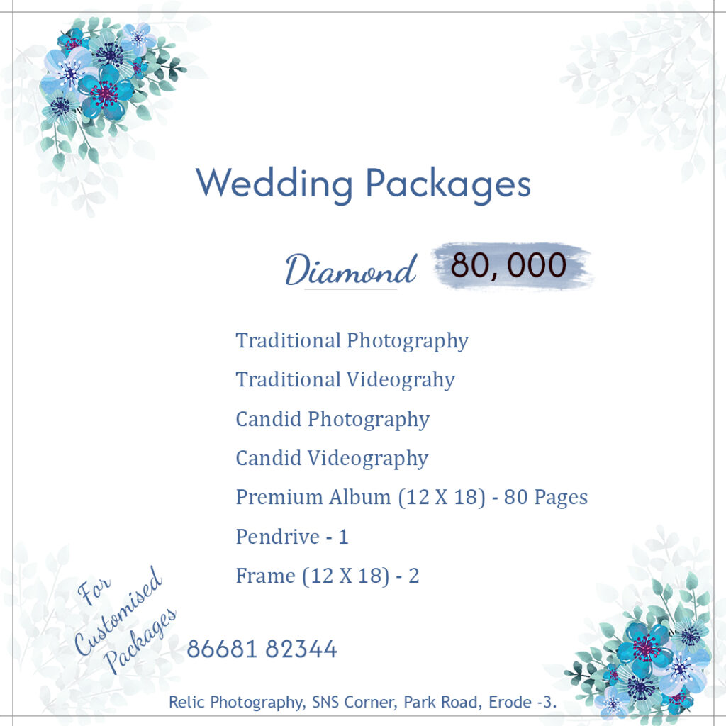 Relic Photography Diamond Package ₹80,000 poster – luxury wedding photography in Erode.