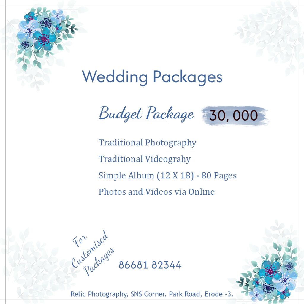 Affordable ₹30,000 wedding package poster with services and inclusions by Relic Photography