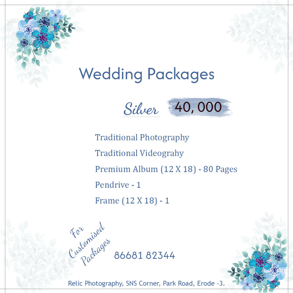 Relic Photography Silver Package ₹40,000 poster – affordable wedding photography in Erode.
