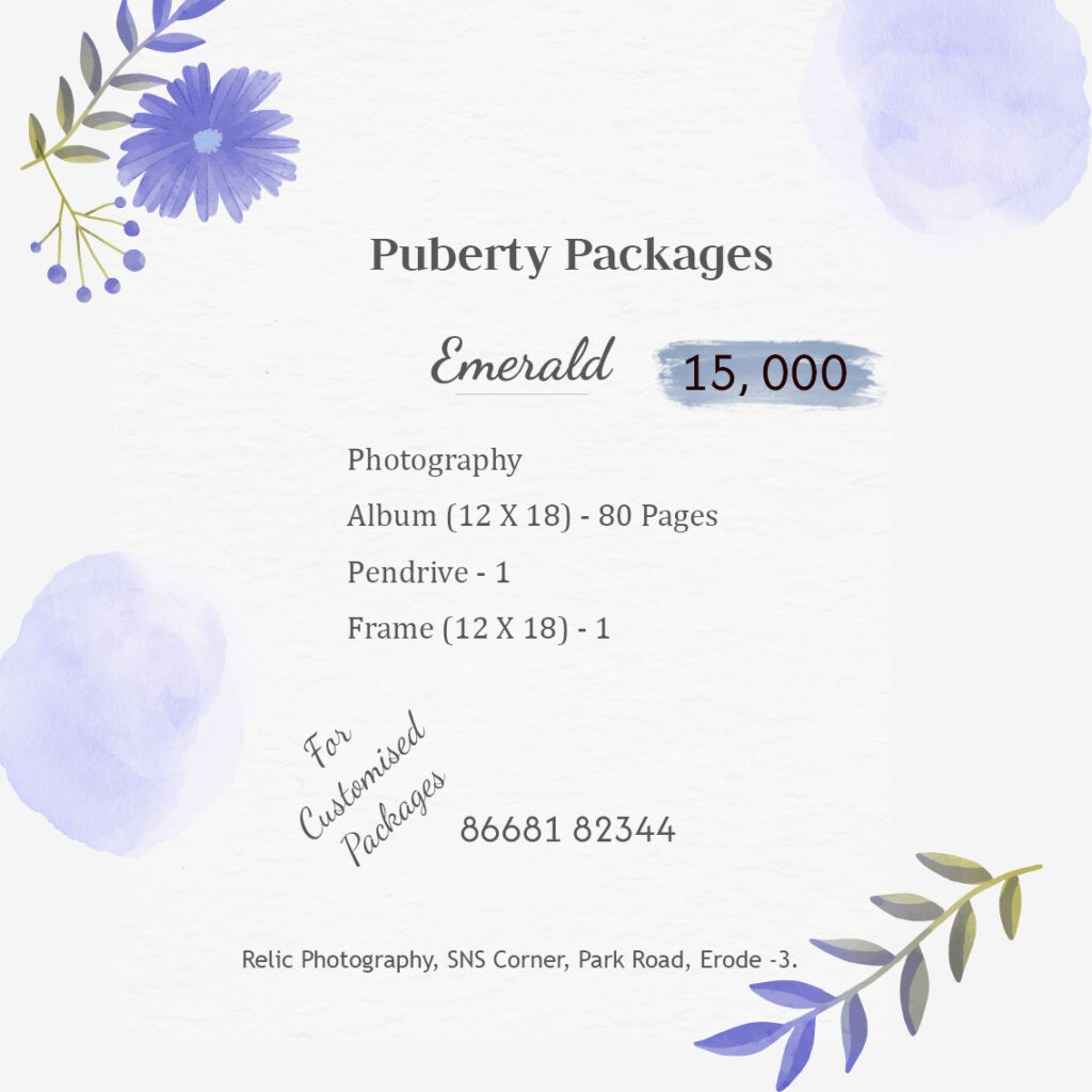 Affordable ₹15,000 puberty photography package poster with services and inclusions by Relic Photography