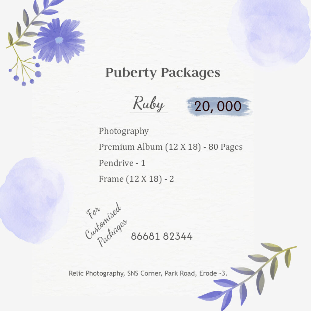Affordable ₹20,000 puberty photography package poster with services and inclusions by Relic Photography