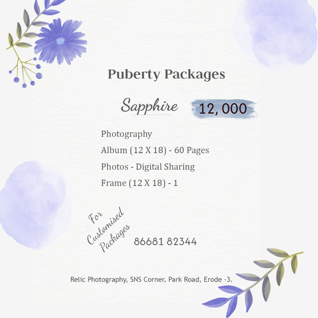 Affordable ₹12,000 puberty photography package poster with services and inclusions by Relic Photography