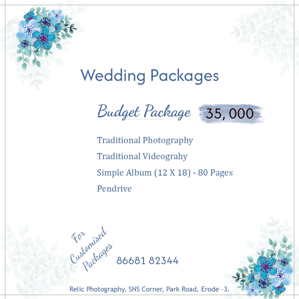 Affordable ₹35,000 wedding photography poster with package features and services.