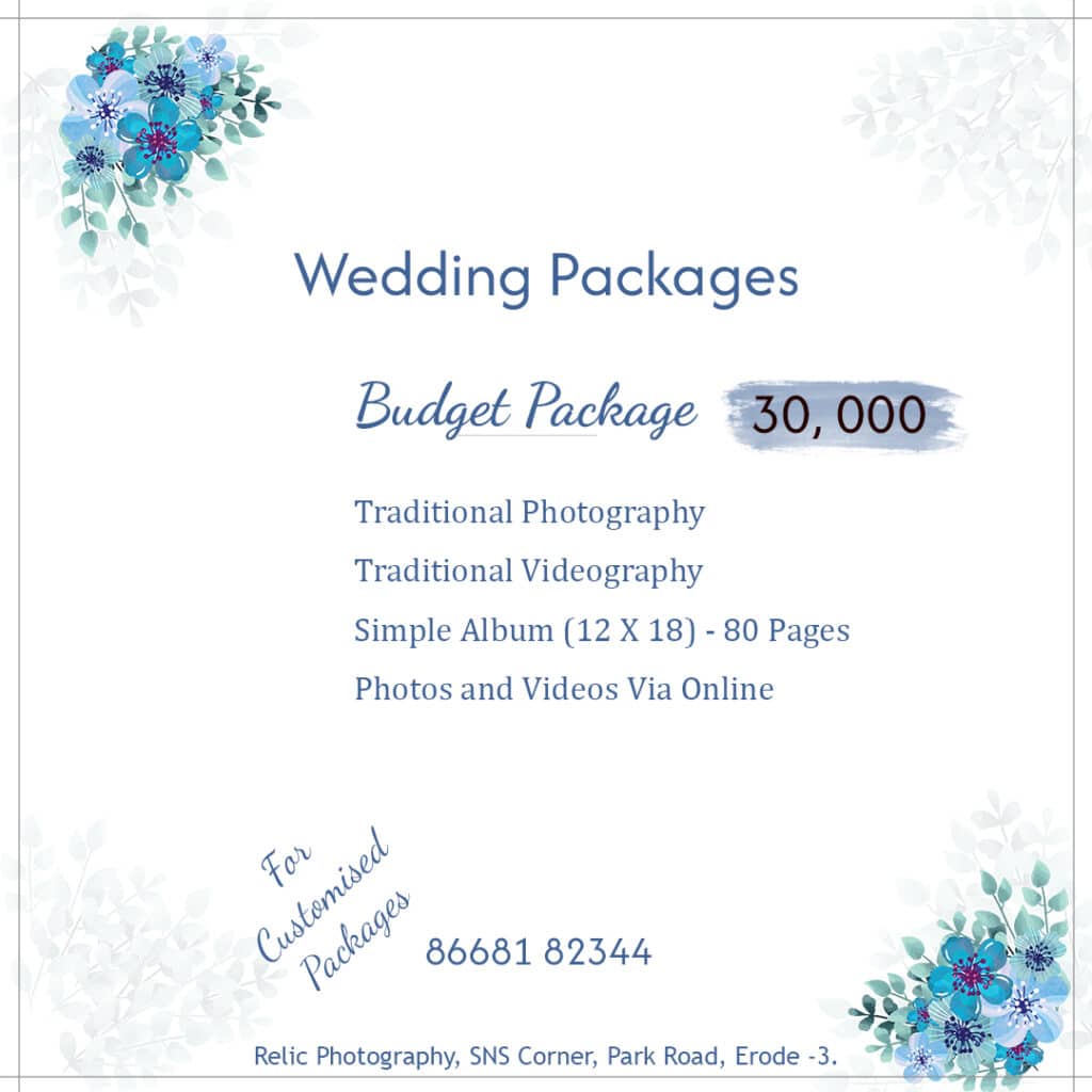 Budget ₹30,000 wedding photography package in Erode featuring 1 professional photographer, 1 videographer, and a 12x18 simple 80-page album by Relic Photography.