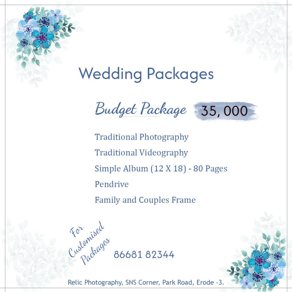 Affordable ₹35,000 wedding photography and traditional videography package in Erode featuring a 12x18 Canvera 80-page album and 2 family frames by Relic Photography.