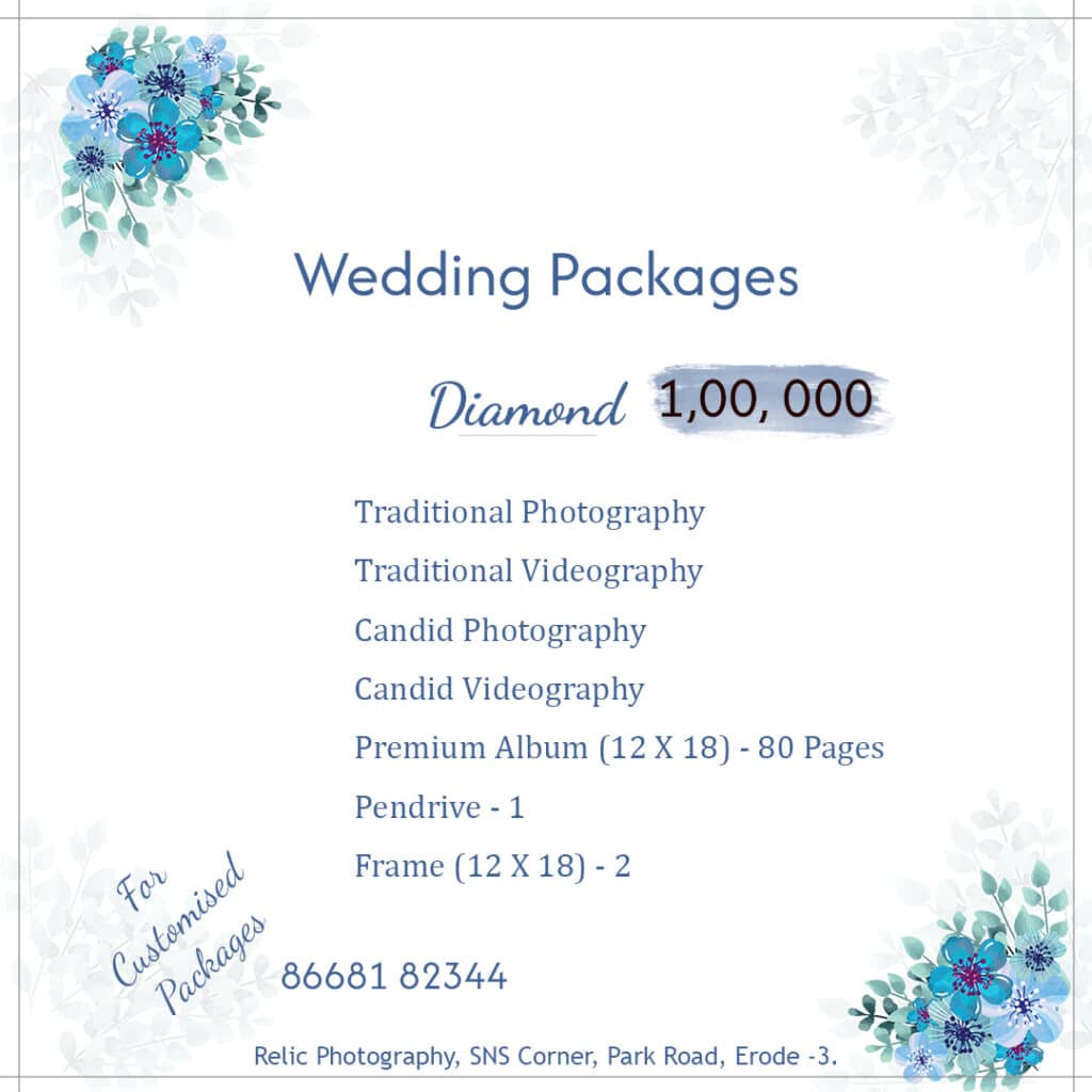 Relic Photography Diamond wedding package features and pricing poster in Erode