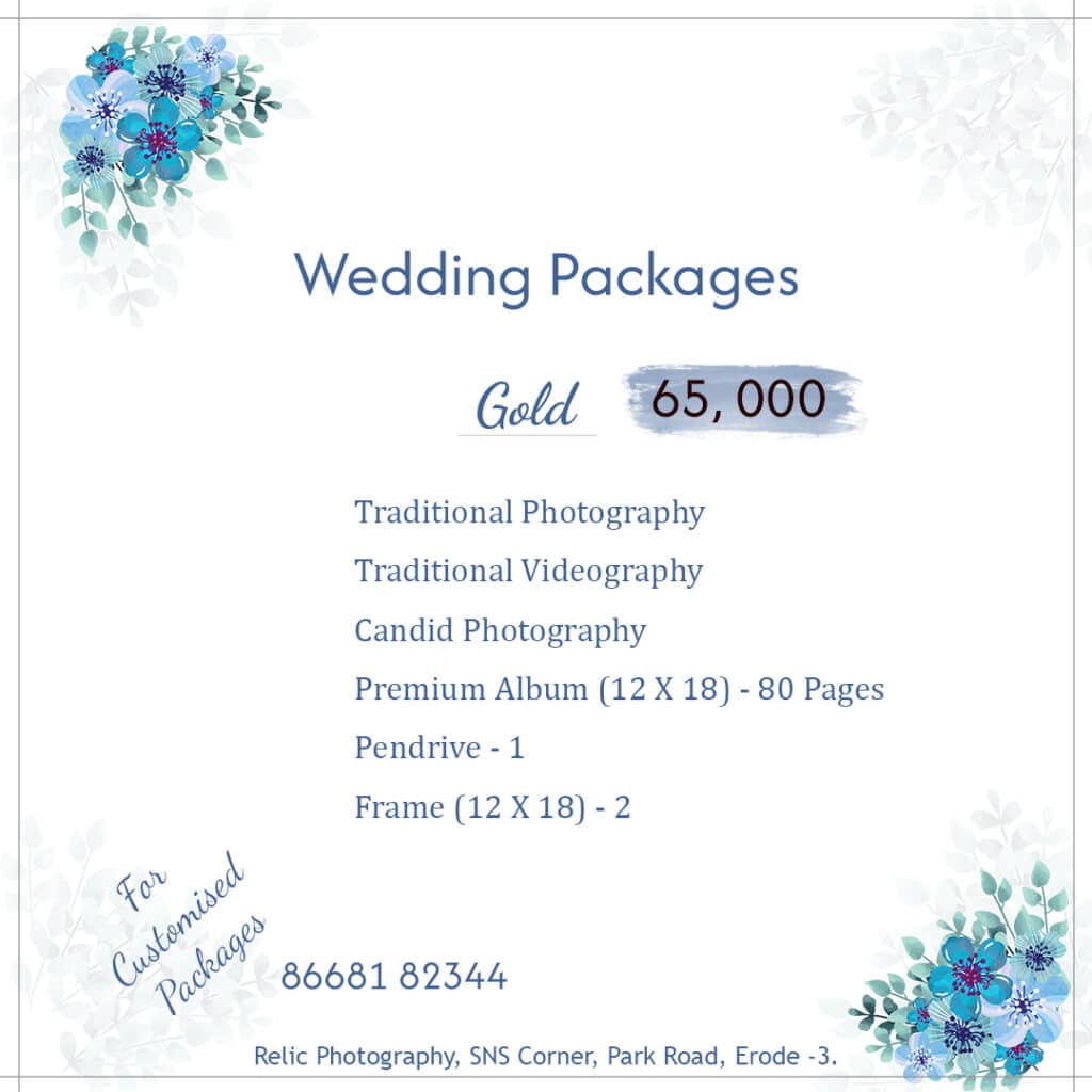 Gold wedding photography package price details by Relic Photography in Erode.