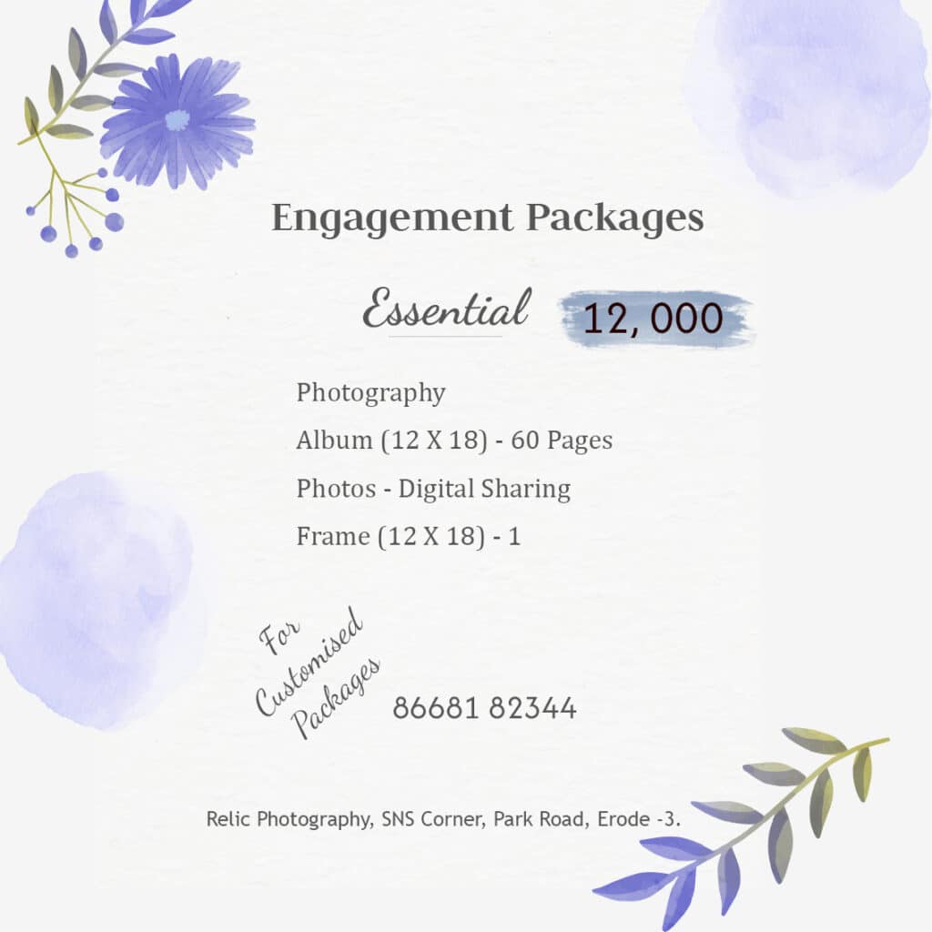 Essential engagement photography package in Erode – ₹12,000, 60-page album with digital photo sharing | Relic Photography.