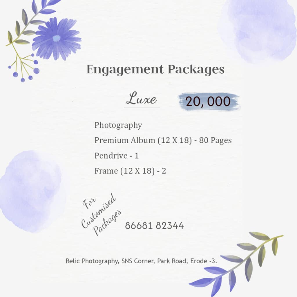 Luxe engagement photography package in Erode – ₹20,000, premium 80-page album, pendrive & 2 frames | Relic Photography
