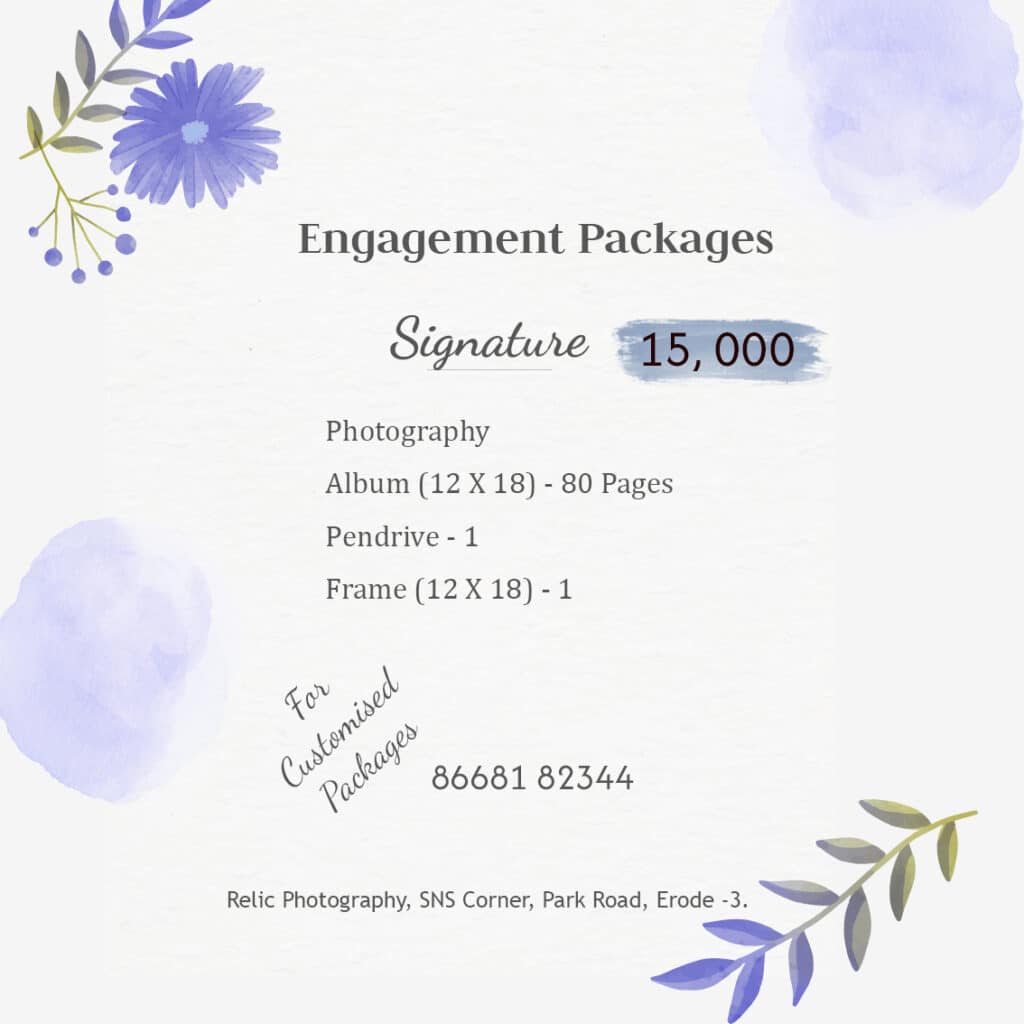 Signature engagement photography package in Erode – ₹15,000, 80-page album, pendrive & frame | Relic Photography.